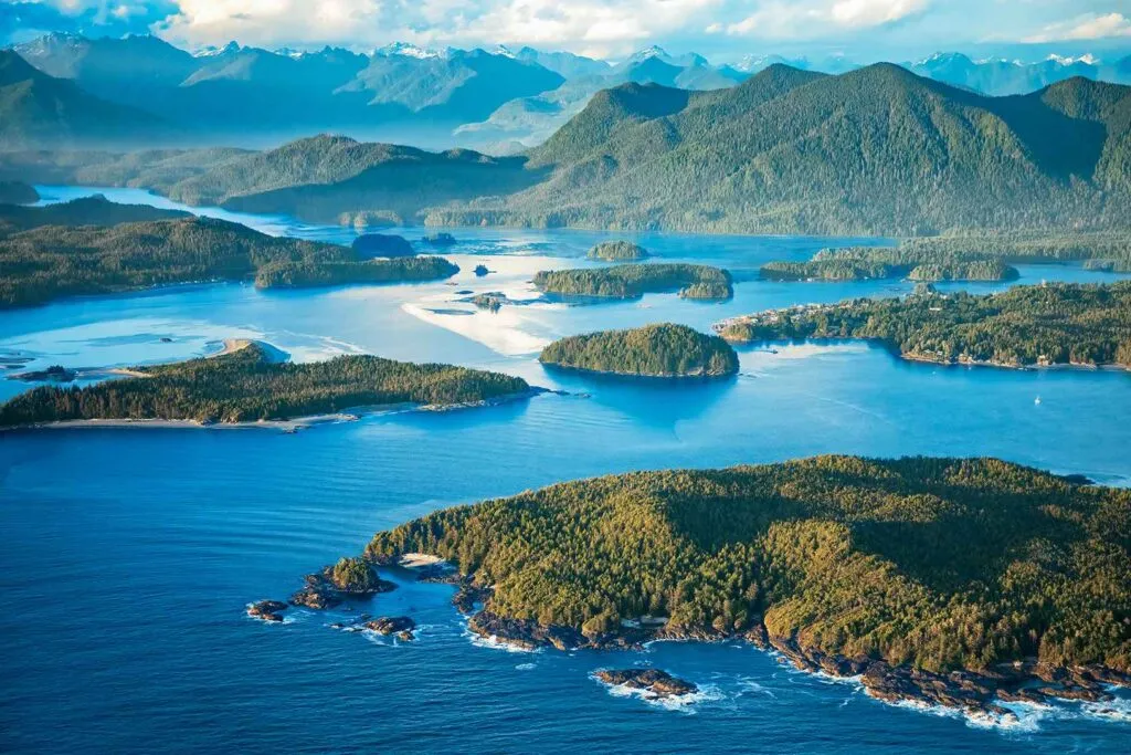 Coastal islands, ocean and forested mountains in British Columbia